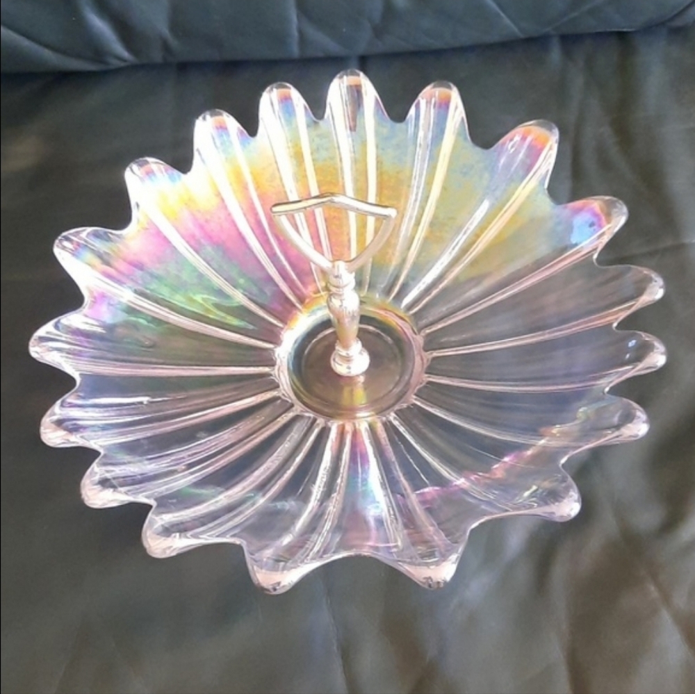 Vintage 1950s Federal Glass Celestial Atomic Irredecent Shallow bowl with handle